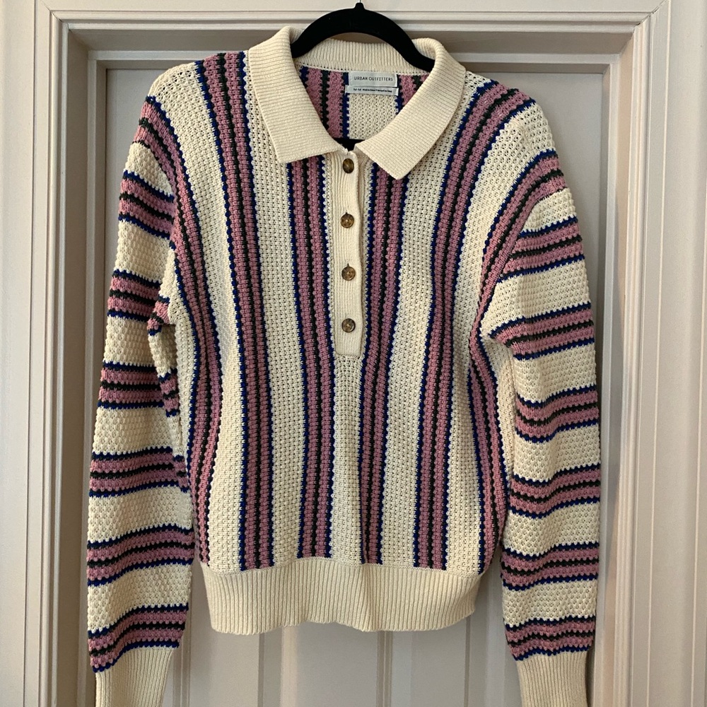 Urban Outfitters Striped Collared Preppy Sweater - Cream, Pink, Blue